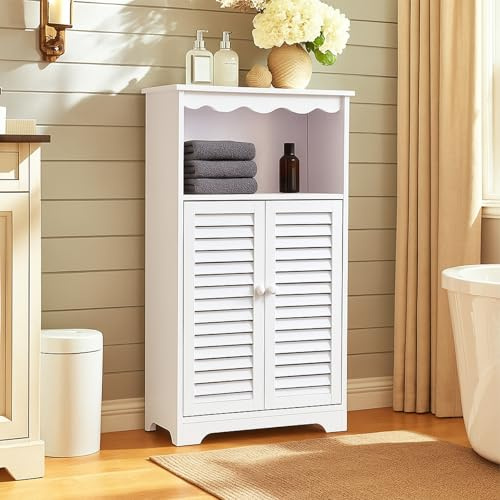 powerking Armoire de Rangement de Salle de Bain à 3 Niveaux, Organisateur indépendant Blanc avec Portes et étagères, Armoire de Plancher de Rangement pour Salle de Bain, Bureau, Salon, Cuisine