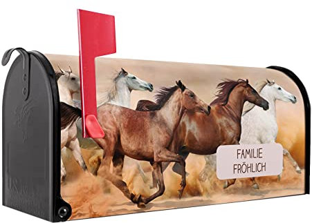 banjado® Amerikanischer Briefkasten - US Mailbox/Letterbox mit Motiv Wilde Pferde 51x22x17cm - Postkasten Stahl aus Amerika – Briefkasten amerikanisch schwarz pulverbeschichtet