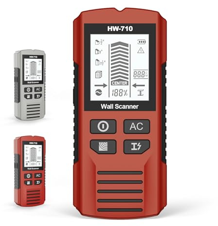 BigKing Detector de pared 5 en 1 con pantalla LCD y alarma acústica, sensor de alta precisión, escaneo rápido para detectar tubos metálicos y cables bajo tensión en paredes y techos (rojo)