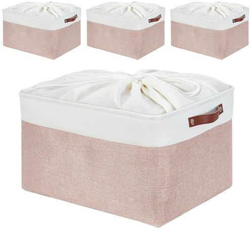 Mangata Cajas de almacenamiento rectangulares de tela, varios tamaños, cestas de material para estantes, armarios, juguetes y ropa, 50 x 40 x 30 cm, rosa y blanco (XXL, paquete de 4)