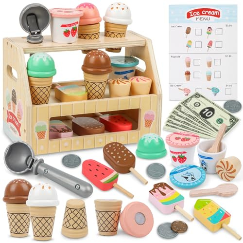 KidMigo Glacière en bois pour enfants - 36 pièces - Jouets de magasin de glace avec stand à glace en bois à partir de 3 ans - Jouets pour enfants - Accessoires de cuisine pour enfants