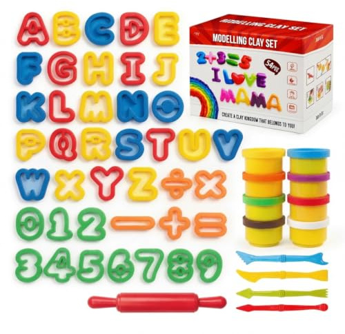 Clayo 53PCS Play Dough Alphabet & Number Cutters Set for Kids – Montessori Educational Learning Toy, ABC Letter & Math Symbols Playdough Tools with Colourful Dough Pots & Rolling Pin – Preschool Toy
