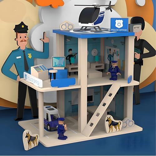 RLS Deluxe Wooden 3-Level Police Station Play Toy – Complete Pretend Play Building Set with Police Car, Helicopter, Officers & Accessories – Creative Educational Role Play Toy for Boys & Girls