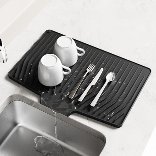 Tappetino Scolapiatti, 48x35 cm, senza BPA, Antiscivolo Tappetino Silicone con Scanalata, Scarico, Fori Appendere, Gradiente Rialzato, Scolapiatti da Appoggio Lavello, Sgocciolatoio Lavandino Cucina