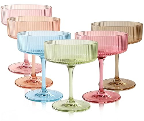 Vessyn Färgade Martiniglas Uppsättning med 6 st., Unika Handblåsta Ribbade Coupe 260ml Vintage Glas, Glas för Blandade Färger Bar Cocktail Glas för Vin Champagne Present