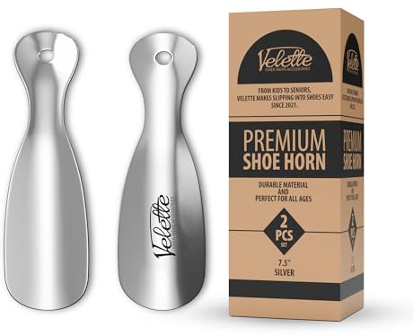 Velette Metal Shoehorn - 2 Pack 7.5 Long Shoe Horn, Travel Shoe Horn for Kids, Men & Women - Shoes Helper, Spoon, Travel Size Shoehorn for Boots, Shoes, Sneakers, Heels and More