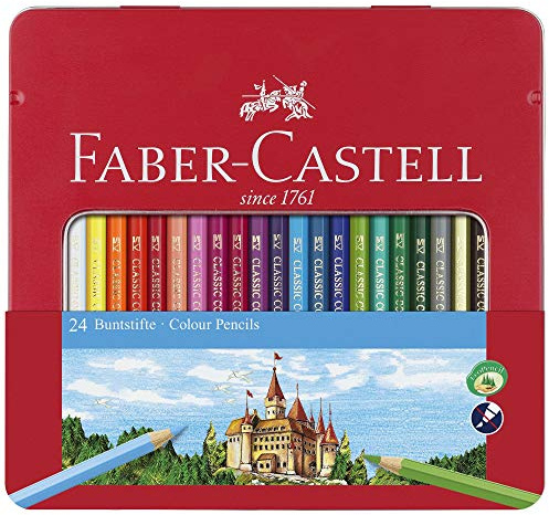 FABER-CASTELL 115824 - Set de crayons de couleur Hexagonal, 24 crayons de couleur dans un étui métallique, crayons de couleur pour enfants et adultes