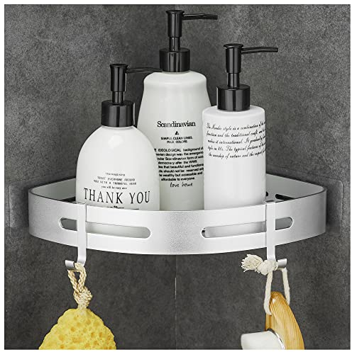 GRICOL Estantería esquinera para ducha, sin agujeros, de metal con 2 ganchos, estante para ducha, con adhesivo, para baño y cocina, color plateado