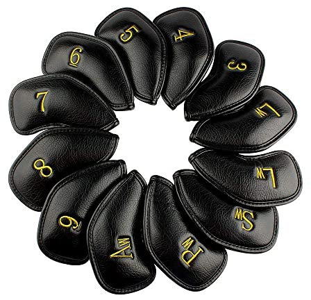 Craftsman Golf Golfschlägerhauben aus dickem Kunstleder, passend für alle Marken Callaway Ping Taylormade Cobra etc., 12 Stück, Schwarz mit Gold Nr