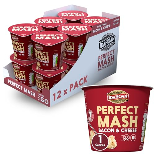 Idahoan Mashed Potato Pots, Bacon and Cheese, Dried Potato Mash, Cooks in 1 minute, Quick Lunch, Bulk Pack of 12