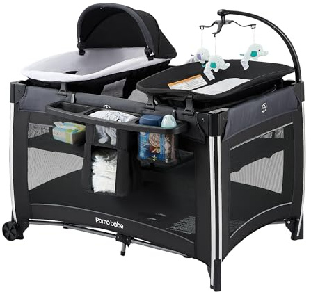Pamo Babe 4 in 1 Baby Playards with Bassinet & Changing Table, Portable Crib Breathable Mesh and Toy Mobile