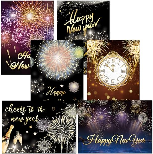WorldBazaar Gold Foiled 2026 Happy New Year Cards 24PCS with Envelopes Gold Foil Holiday New Year Business Thank You Firework Cards for Office Doctor Nurse Teacher School Family