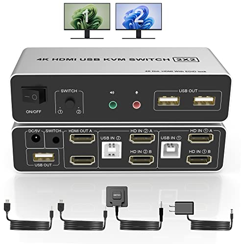 Dual Monitore HDMI KVM Switch 2 Computer, Unterstützt EDID, 4K@60Hz HDMI KVM Switch 2 PC 2 Monitore Extended Display mit Audiomikrofonausgang und 3 USB Ports, PC Monitor Keyboard Mouse Switcher