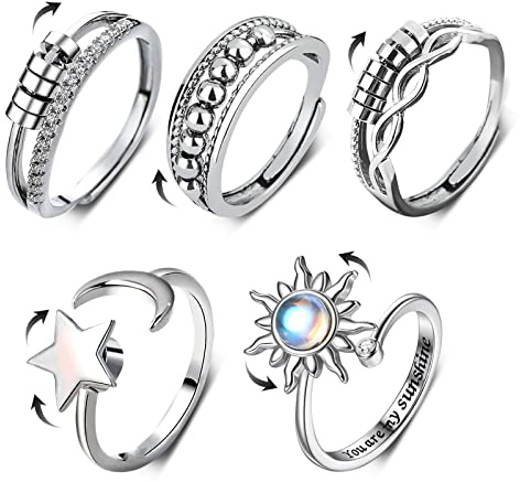 AWAVM 5 anelli per ansia da donna, in argento antistress, con perline, anello aperto regolabile per ragazze adolescenti, Misura unica, Plastica, lega