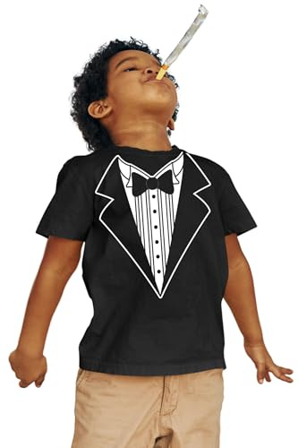 Kids Funny Tuxedo T-Shirt Black (Black with Bowtie & Buttons, Youth Small)