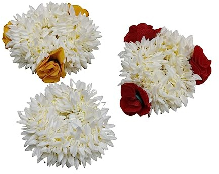 Tradizionale accessorio per capelli indiano, piccolo Gajra bianco con rosa fiore artificiale gioielli fatti a mano Veni tiara per le donne da indossare per feste da sposa mehndi chignon (combinazione
