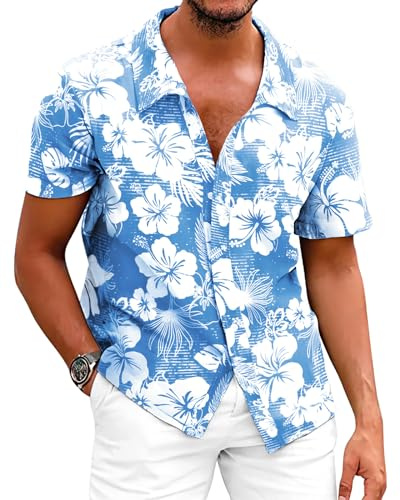 Fastkoala Hawaiiansk skjorta för män tropiska strandskjortor blommiga toppar semester vardaglig bomull linne button down