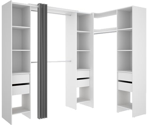 DEKIT GRUPO RIMOBEL SUIT - Composizione di Cabina Armadio angolare con due colonne, zona con barre appendiabiti e tenda – Bianco – 205 x 164-234 x 141 cm