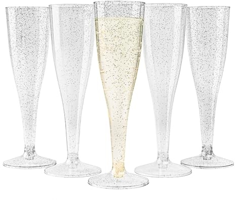 MATANA 96 Premium Elegant Plastic Champagne Flutes with Silver Glitter, 133ml - Reusable Toasting Glasses, Cocktail Prosecco Glasses for Weddings, Birthdays, Christmas, BBQ, Parties