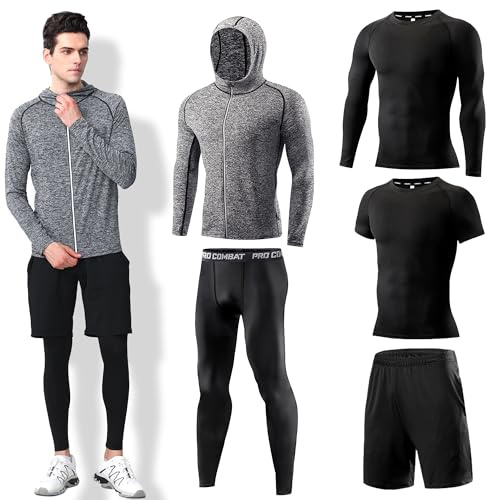 DMVOD Conjunto de 5 Piezas de Compresión de Secado Rápido para Hombres Tops Accesorios Ropa Equipo para Entrenamiento Gimnasio Atlético Correr Deporte, Gris, XX-Large