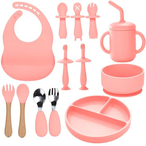 Babytallrik, set med 13 delar för bebismåltider, babysked, skål, silikonhaklapp, sugkopp för spädbarn, babytandborste, barnbestick, set för avvänjning