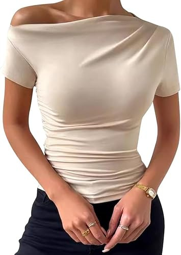 Women's One Shoulder Short Sleeve Top, Ruched Fitted Design, Black/Beige (UK, Alpha, M, Regular, Regular, Beige)