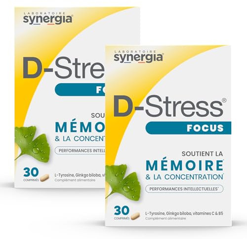 D-STRESS FOCUS Lot de 2X30 Comprimés | L-Tyrosine, Ginkgo biloba et Vitamine C | Stimule la mémoire et la concentration | Vegan, Sans Gluten, Sans Soja, Sans OGM | Origine France