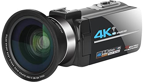 Videokamera, 4K Video Camera -videokamera for Vlog Recording -videokamera WiFi Ir Nattseende 4K 56MP 3.0 Tum 16x digital zoominspelare kamera(128G SD card,Zwart)