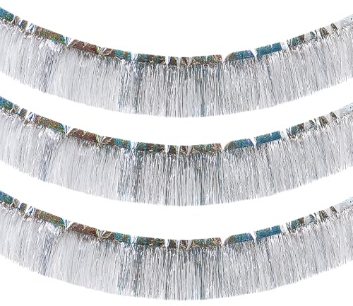 Culinavog Franges en Feuille Métallique, 3 Pieces 200 cm × 20 cm Rideau Brillant Métallique, Décorations de Fête, Guirlande de Bannières à Franges pour Mariage, Noël, Anniversaire, Halloween (Argent)