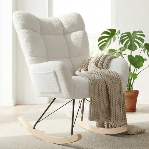 Clevich Fauteuil à Bascule Allaitement Scandinave, Rocking Chair Confortable avec Velours Teddy, Pieds en Bois et Métal, pour Salon, Chambre d'enfants, Chambre, Jusqu'à 136kg, Blanc
