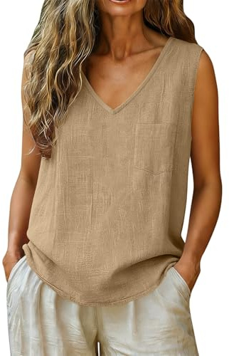 Generico Donna Canottiera in Lino Estiva Canotta Scollo a V Spalla Larga Base Tank Top Leggero Elegante Tinta Unita Camicia Casual Senza Maniche Camicette Oversize Maglietta Tops con Tasca