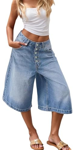 Générique Short Jean Femme Large Taille Haute Pantacourt Jean 7/8 Coupe Bermuda Jupe Culotte Femme Wide Leg Pantalon Denim Décontracté pour Été Ville et Vacances Short Jeans