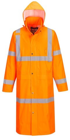 Portwest H445 Men's Waterproof Hi Vis Raincoat - Reflective Lightweight Long Rain Jacket with Hood Safety Workwear ANSI Class 3 Orange, X-Large