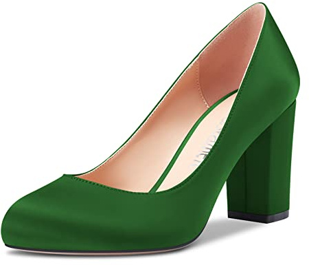 Castamere Femmes Bloc Chunky Haut High Talon Heel Rond Bout Slip-on Escarpins Mariage Party Dress 8 CM Heels Chaussures Vert Satin 40 EU