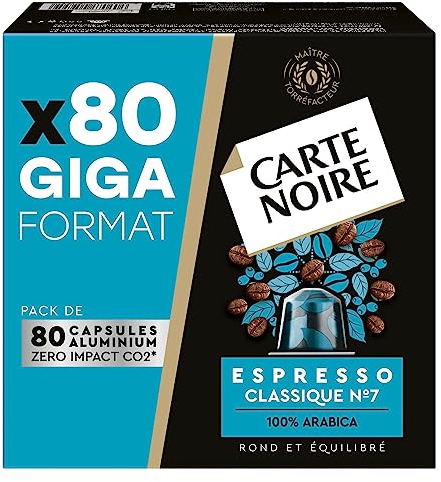 CARTE NOIRE - Capsules de Café Espresso Classique N°7 Compatibles Nespresso - Café Arabica - Giga Format de 80 Capsules Aluminium - Fabriqué en France