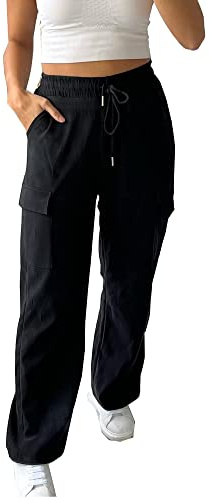 Women's High Waist Stretch Fit Wide Straight Leg Cargo Pocket Combat Pants - Beige Black Grey Khaki Navy Wine - Small - X/Large (Black, S/M, Relaxed)