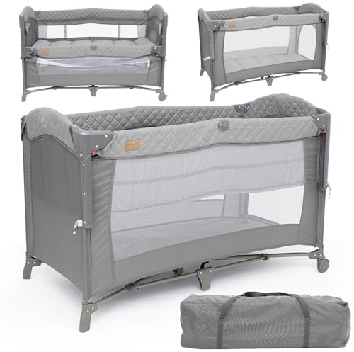 Olmitos - Cuna colecho de Viaje, Parque Infantil y Cuna clásica 3 en 1 - Plegable 2 Alturas con Buena circulación de Aire – Entrada Lateral y Ruedas con Freno - Incluye Bolsa Viaje (Gris)