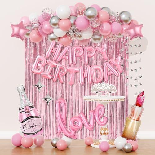Amandir Pink Birthday Decorations for Women Girls, Silver Pink Confetti Foil Balloons Happy Birthday Banner Butterfly Fringe Curtains Cake Topper for Princess Party Supplies Decor