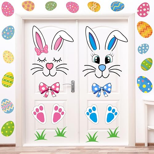 CYNOSA Easter Bunny Door Stickers Easter Door Decor Large Bunny Face Stickers with Eggs Decals for Spring Door Window Refrigerator Decorations