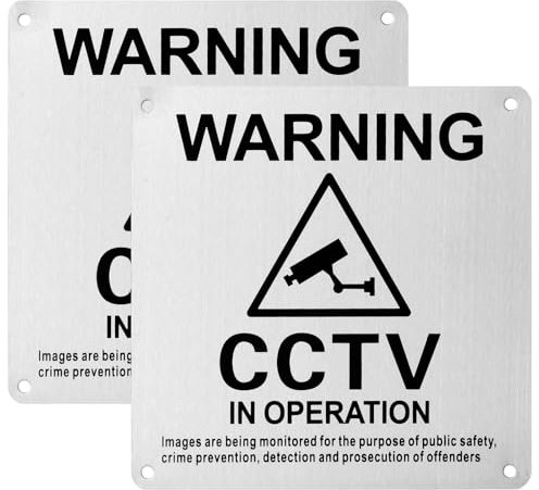 2 Pack CCTV In Operation Signs 10x10 cm, Video Surveillance Signs in Brushed Aluminium, CCTV Warning Signs with Back Self-Adhesive for Indoor Outdoor Use, UV Resistant Weatherproof CCTV Camera Sign