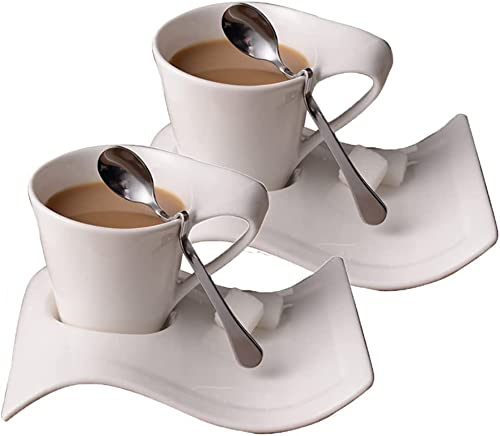 ZHZXBDGQ Juego de té de porcelana de 6 piezas, taza de café y platillo de cerámica, juego de taza de café con cuchara, para café individual o doble