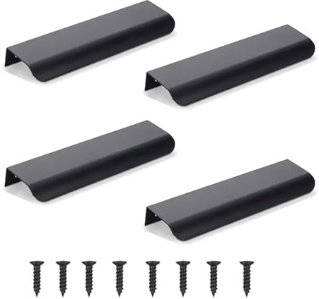 Tiradores ocultos para muebles y armarios, 4 unidades, aluminio, tiradores ocultos, tiradores invisibles para muebles, tiradores de cocina, color negro, 20 cm (borde redondeado)