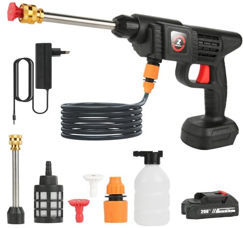 Idropulitrice a Batteria, Idropulitrice 21V MAX 35Bar, Pistola Di Lavaggio a Batterie, Portatile Press & Clean, Lancia Schiuma, Tubo da 5M, Auto, Prato (con 1 Batteria da 4000 mAh)