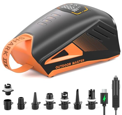 OutdoorMaster Shark 3 Paddle Board Pump Electric - 3'50 Fast Inflation, 20PSI 74Wh Rechargeable SUP Air Pump- Auto-Off & Deflation, 12V/15.8V DC & Type-C Input, 8 Nozzles for Inflatables, Boats,Kites