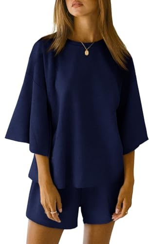Imily Bela Pigiama corto da donna, con scollo rotondo, set estivo, maniche a 3/4, biancheria da notte, blu scuro, L