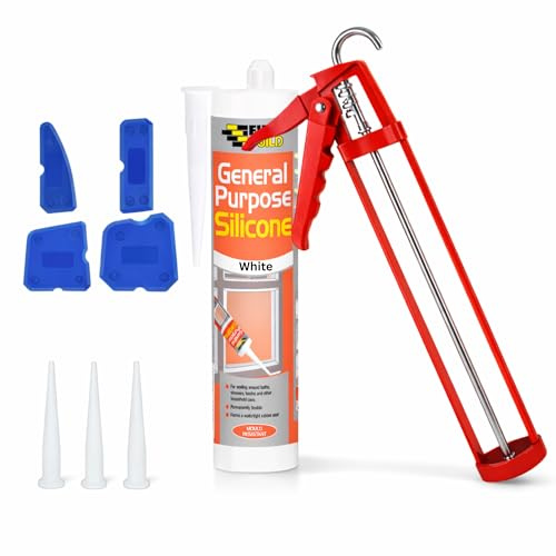 General Purpose | Bathroom Silicone Sealant White Anti Mould | Mastic & White Bathroom Sealant for Sink & Shower | 11 inch Heavy Duty Silicone Gun & Caulking tools