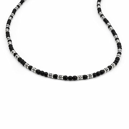 SAGA GIOIELLI® Collana Uomo con pietre naturali lapislazzuli e inserti in Acciaio Inox - Regalo Uomo Fidanzato Marito Acciaio - Confezione Regalo (Lunghezza 50 cm + 5,5 cm) (ONICE NERO OPACO)