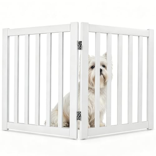 Maxmass Freestanding Dog Gate (2 Panels: 102 x 61cm, White) | Folding Pet Fence with 360° Rotating Hinges & Wide Slats, Wooden Pet Barrier for Stairs,Doorways, Indoor