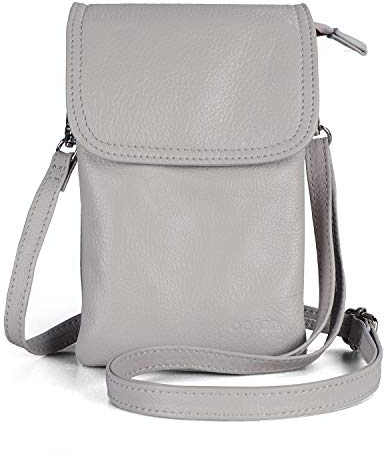 befen Echtleder Handytasche zum Umhängen, Handy Umhängetasche Damen Klein, Handtasche mit Geldbörse zum Umhängen Leder, Crossbody Bag Damen mit Verstellbarer Riemen und Schlüsselanhänger, Hellgrau