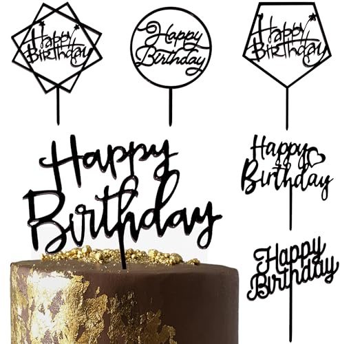 6-Pack Black Birthday Cake Topper Set, Double-Sided Shiny Black, Acrylic Happy Birthday Sign Cake Toppers/Cupcake Toppers, Party Decorations Supplies for Cool Guy.